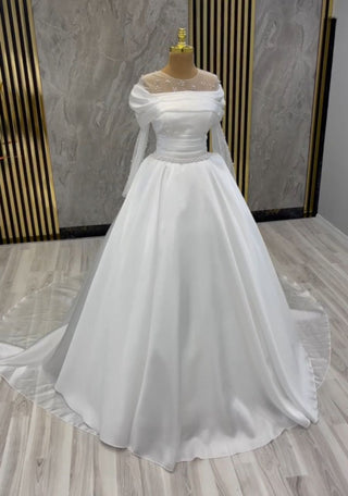 Serene Radiance Off-the-Shoulder Satin Bridal Gown with Delicate Beading