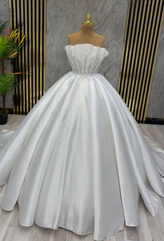 Pearl Essence Strapless Satin Bridal Gown with Pearl Embellishments