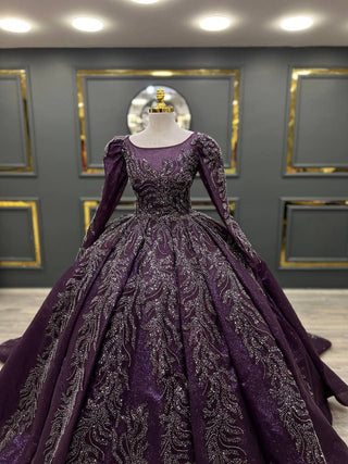 Midnight Majesty Long-Sleeve Beaded Ball Gown in Royal Purple – Larosabride’s Exclusive