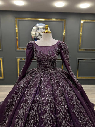 Midnight Majesty Long-Sleeve Beaded Ball Gown in Royal Purple – Larosabride’s Exclusive