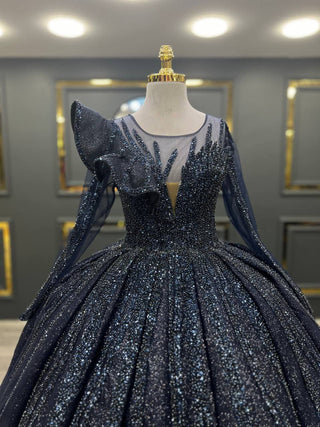 Starry Night Elegance: Celestial Navy Blue Sequined Evening Gown