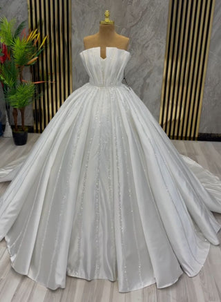 Imperial White Sequined Bridal Gown with Classic V-neckline