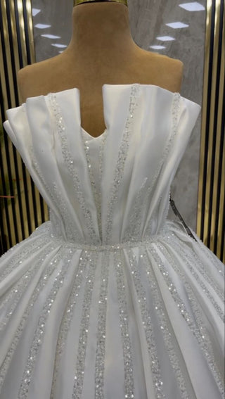 Imperial White Sequined Bridal Gown with Classic V-neckline