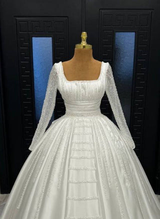 Imperial White Sequin-Adorned Ball Gown with Regal Long Sleeves