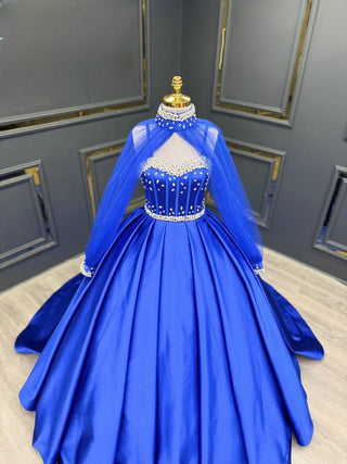 Regal Coronation Splendor: Majestically Embellished Evening Gown with Cape