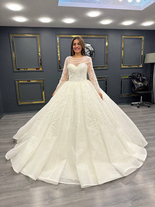 Gleaming Jewel Embellished Wedding Gown with Sheer Bishop Sleeves