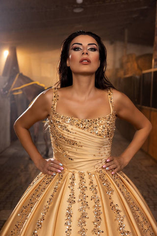 Golden Sovereign Crystal-Adorned Satin Ball Gown with Cascading Embellishments – Larosabride’s Exclusive