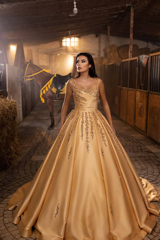 Golden Sovereign Crystal-Adorned Satin Ball Gown with Cascading Embellishments – Larosabride’s Exclusive