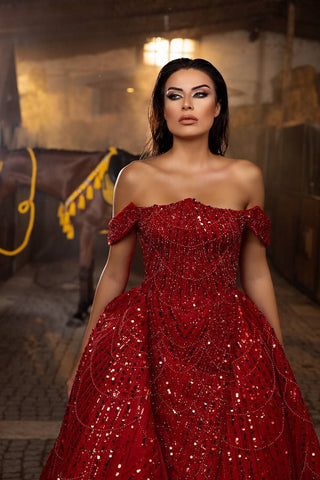 Radiant Ruby Off-the-Shoulder Sequined Ball Gown with Sweeping Train – Larosabride’s Exclusive