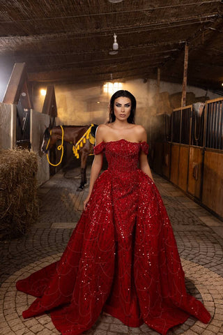 Radiant Ruby Off-the-Shoulder Sequined Ball Gown with Sweeping Train – Larosabride’s Exclusive