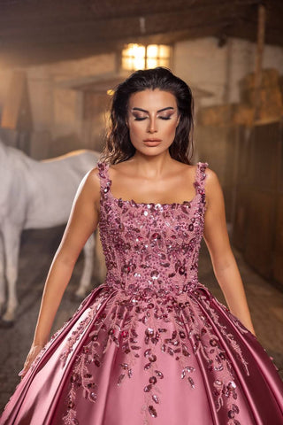 Twilight Majesty Crystal-Embellished Satin Ball Gown with Royal Train – Larosabride’s Exclusive