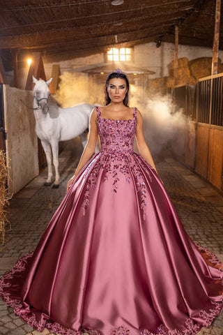 Twilight Majesty Crystal-Embellished Satin Ball Gown with Royal Train – Larosabride’s Exclusive