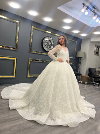 Luxurious Beaded Bridal Gown with Sheer Sleeves and Exquisite Train