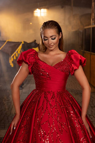 Crimson Elegance Sequined Ball Gown with Romantic Drapery – Larosabride’s Exclusive