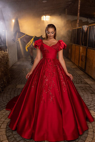 Crimson Elegance Sequined Ball Gown with Romantic Drapery – Larosabride’s Exclusive