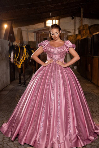 Blush Princess Crystal-Embellished Satin Gown with Luxurious Accents – Larosabride’s Exclusive