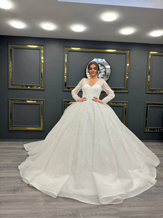 Elegant Beaded V-Neck Bridal Gown with Sheer Sleeves and Grand Train