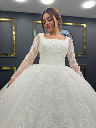 Regal Beaded Square-Neck Wedding Gown with Sheer Sleeves and Elegant Train