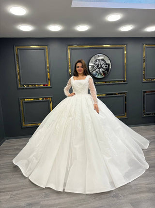 Glamorous Beaded Square-Neck Bridal Gown with Sheer Sleeves and Majestic Train