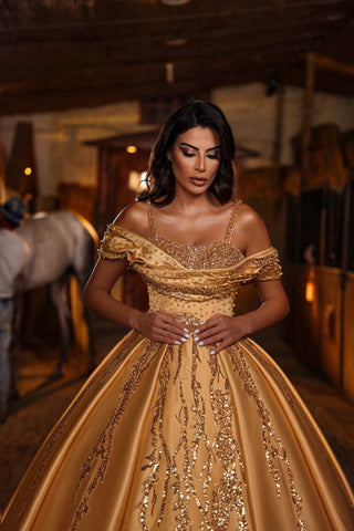 Golden Majesty Sequined Ball Gown with Opulent Drapery – Larosabride’s Exclusive