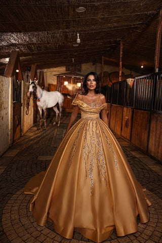 Golden Majesty Sequined Ball Gown with Opulent Drapery – Larosabride’s Exclusive