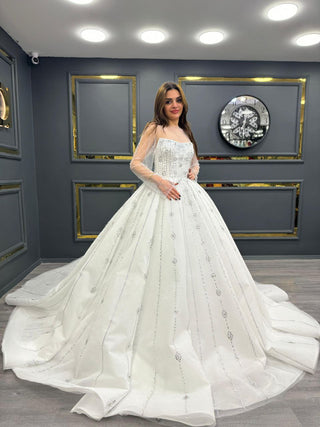 Dazzling Beaded Square-Neck Wedding Gown with Sheer Sleeves and Majestic Train