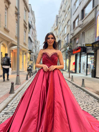 Opulent Satin Ball Gown with Intricate Beaded Bodice and Regal Train