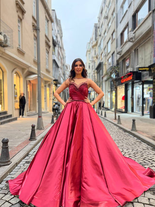 Opulent Satin Ball Gown with Intricate Beaded Bodice and Regal Train