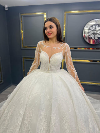 Enchanting Beaded Illusion Neckline Wedding Gown with Sheer Sleeves and Majestic Train