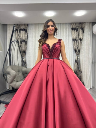 Elegant Satin Ball Gown with Ornate Beaded Bodice and Full Skirt