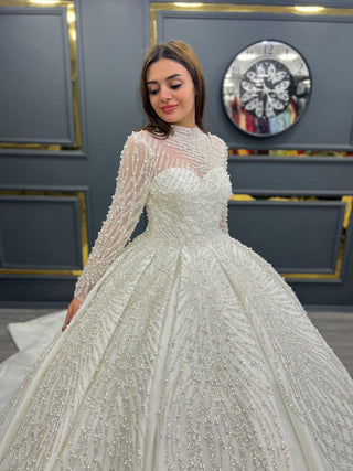 Stunning High-Neck Beaded Bridal Gown with Sheer Sleeves and Majestic Train