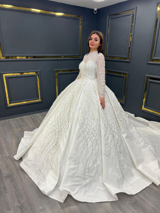 Stunning High-Neck Beaded Bridal Gown with Sheer Sleeves and Majestic Train