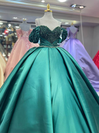 Opulent Sweetheart Neckline Beaded Ball Gown with Off-Shoulder Puff Sleeves and Full Satin Skirt