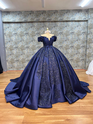 Majestic Sweetheart Neckline Beaded Ball Gown with Elaborate Off-Shoulder Sleeves and Full Satin Skirt