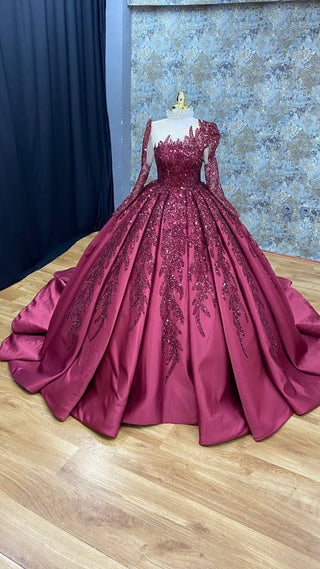 Opulent Satin Ball Gown with Intricate Beaded Lace Bodice and Long Sleeves