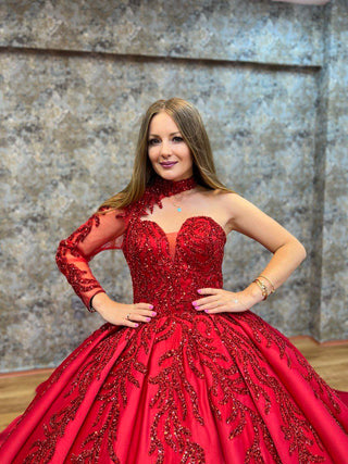 Enchanting One-Sleeve Beaded Ball Gown with Lace Appliqués and Full Satin Skirt