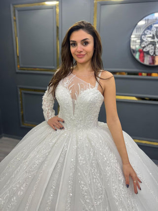 Elegant Illusion Neckline Beaded Ball Gown with Lace Appliqués and Full Tulle Skirt