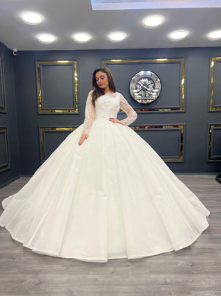 Elegant Satin Wedding Ball Gown with Intricate Beaded Lace Bodice and Long Sleeves