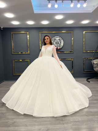 Luxurious Long Sleeve Ball Gown Wedding Dress with Sheer Illusion Neckline