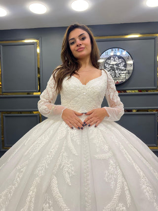 Timeless Sweetheart Neckline Beaded Ball Gown with Long Lace Sleeves and Full Tulle Skirt