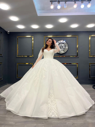 Timeless Sweetheart Neckline Beaded Ball Gown with Long Lace Sleeves and Full Tulle Skirt