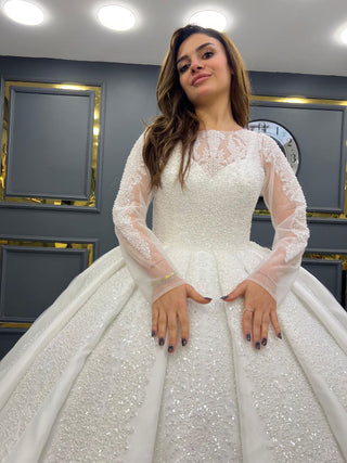 Regal Long Sleeve Ball Gown Wedding Dress with Embellished Bodice