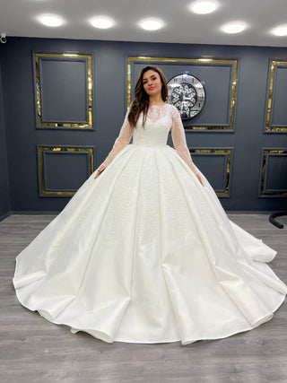 Regal Long Sleeve Ball Gown Wedding Dress with Embellished Bodice