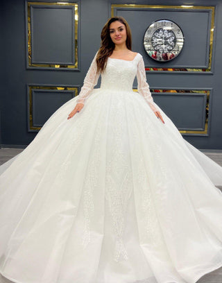 Elegant Square Neckline Beaded Ball Gown with Long Lace Sleeves and Full Tulle Skirt