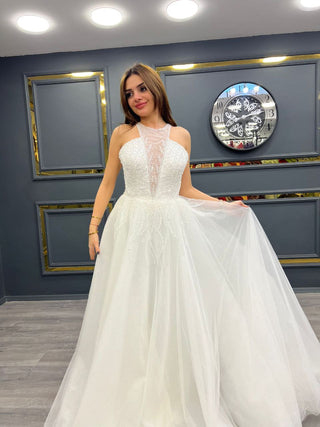 Enchanting Halter Neck Ball Gown Wedding Dress with Sheer Lace Panels