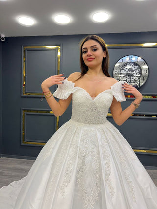 Charming Sweetheart Neckline Beaded Ball Gown with Ruffled Off-Shoulder Sleeves and Full Satin Skirt