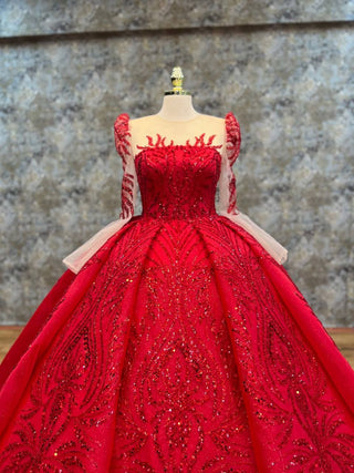 Luxurious Red Ball Gown with Beaded Detailing and Sheer Sleeves