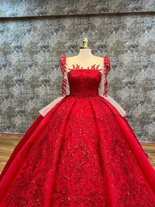 Luxurious Red Ball Gown with Beaded Detailing and Sheer Sleeves