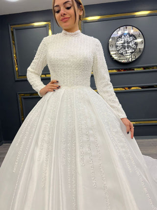 Regal High-Neck Beaded Ball Gown with Long Sleeves and Full Satin Skirt