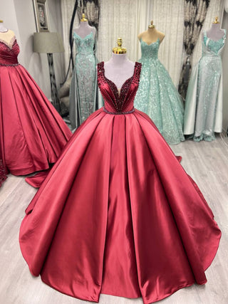 Grandiose Beaded Deep V-Neck Ball Gown with Luxurious Satin Skirt and Intricate Embellishments